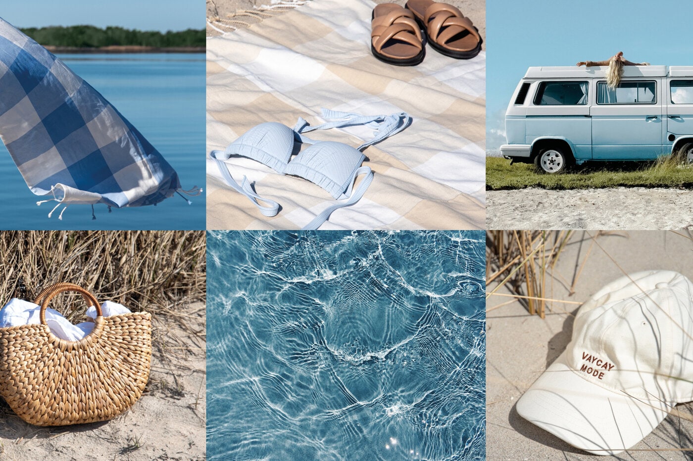 Kollasje med strandveske, piknikteppe, caps, campingbil og sommerstemning.